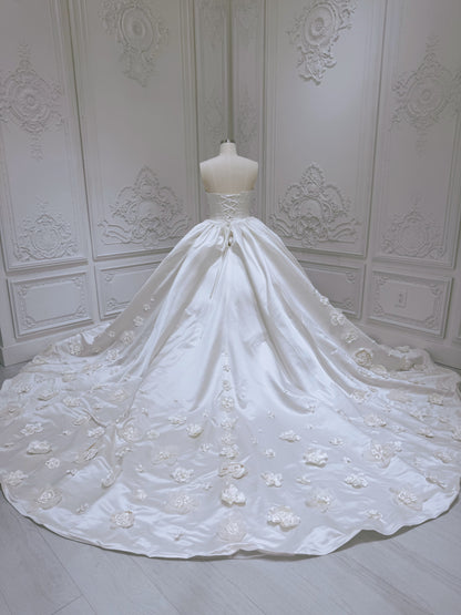 TBC-HB100 Stock of pearl beaded 3D floral sand color ballgown wedding dress