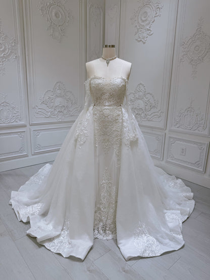 TBC-NL2042 Stock of lace beading 2 in 1 wedding dress with detachable skirt