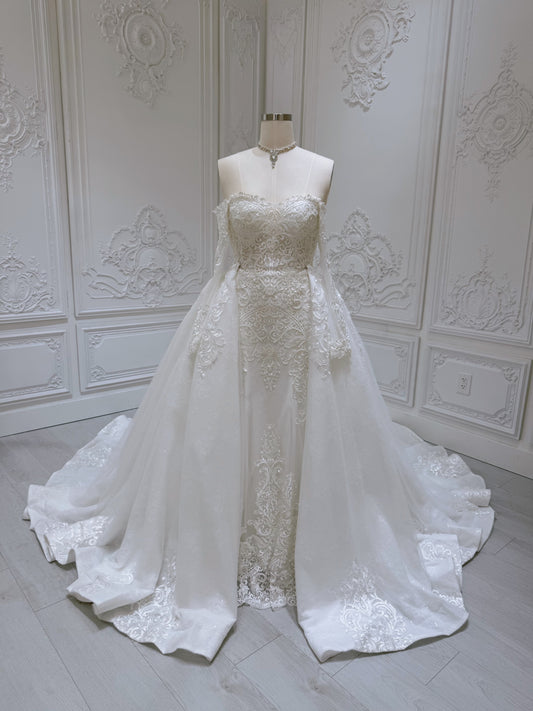 TBC-NL2042 Stock of lace beading 2 in 1 wedding dress with detachable skirt