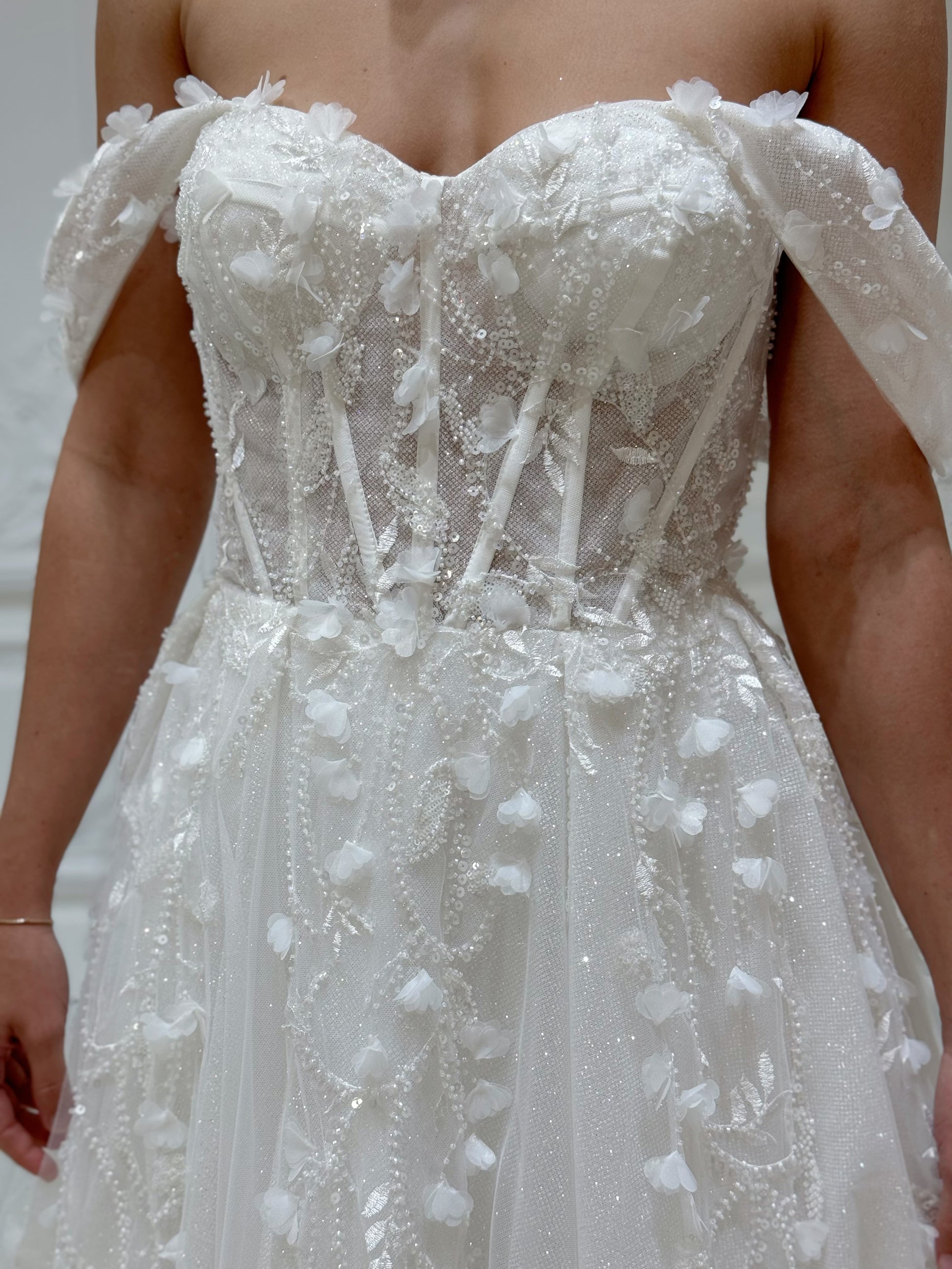 TBC-CM54 Custom-made 3D floral beading sparkling Aline wedding dress - Ting's Bridal Collection