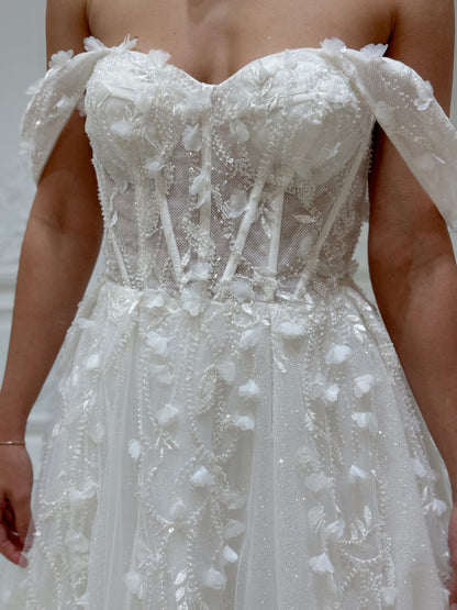 TBC-CM54 Custom-made 3D floral beading sparkling Aline wedding dress - Ting's Bridal Collection