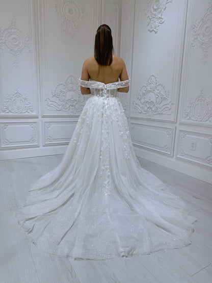 TBC-CM54 Custom-made 3D floral beading sparkling Aline wedding dress - Ting's Bridal Collection