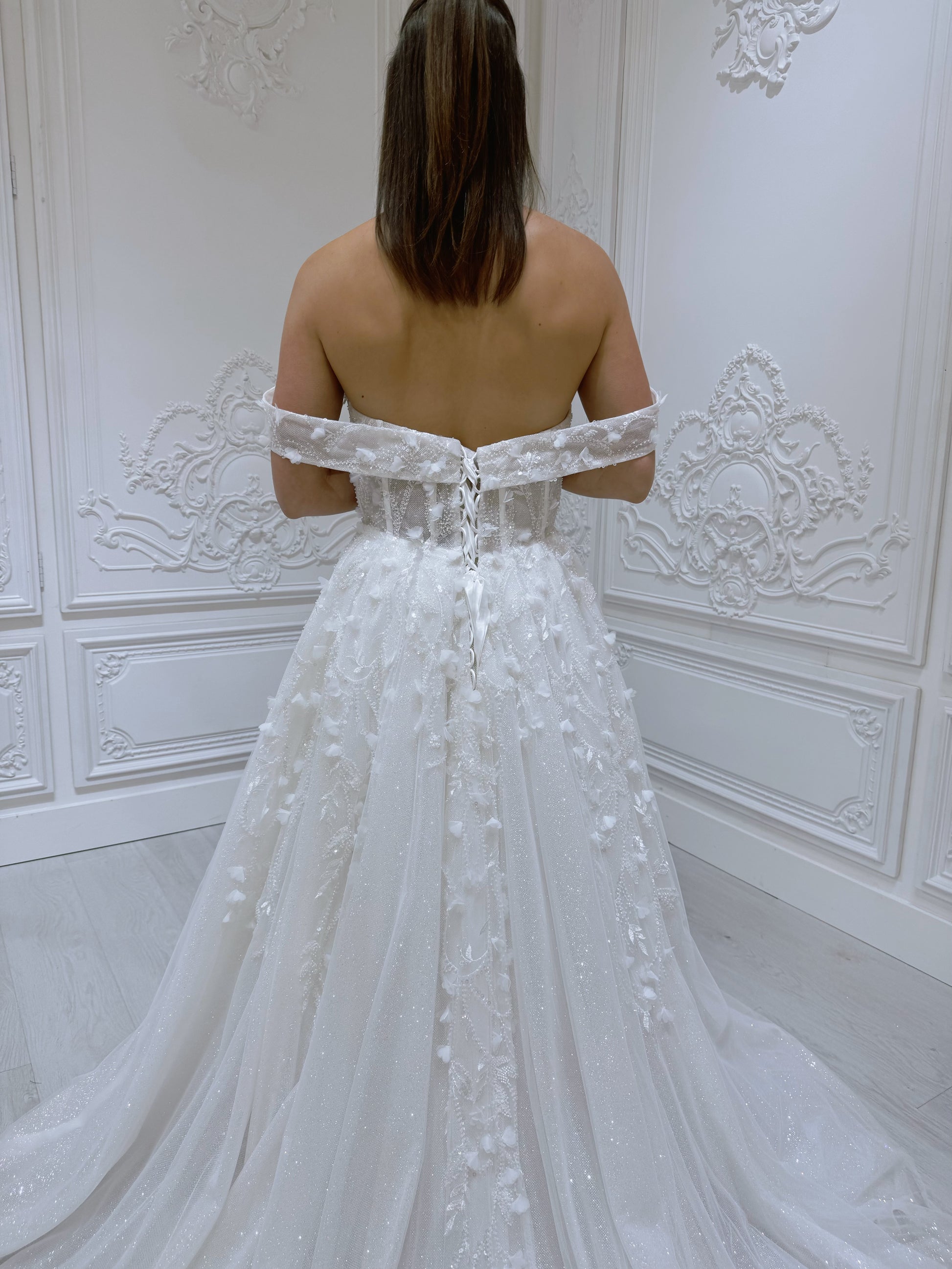 TBC-CM54 Custom-made 3D floral beading sparkling Aline wedding dress - Ting's Bridal Collection