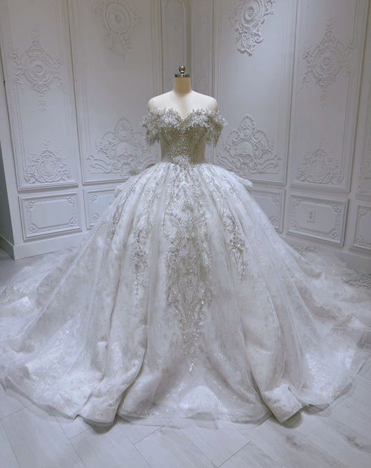 TBC-B042 Stock of sparkling off the shoulder princess ballgown royal wedding dress - Ting's Bridal Collection