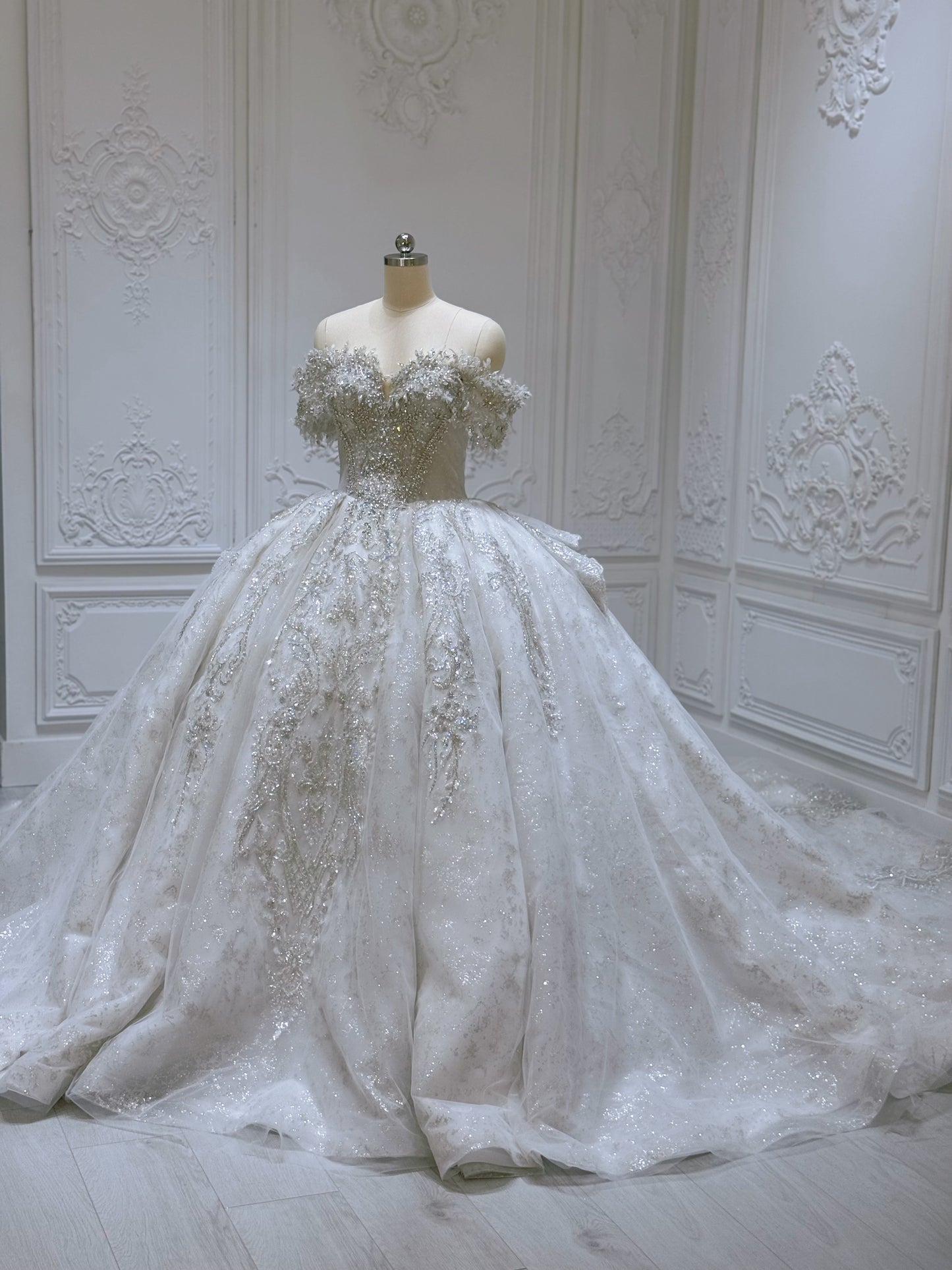 TBC-B042 Stock of sparkling off the shoulder princess ballgown royal wedding dress - Ting's Bridal Collection