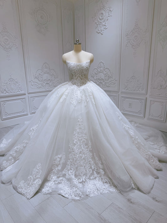 TBC-B032 Stock of off white lace embroidered strapless ballgown royal wedding dress - Ting's Bridal Collection