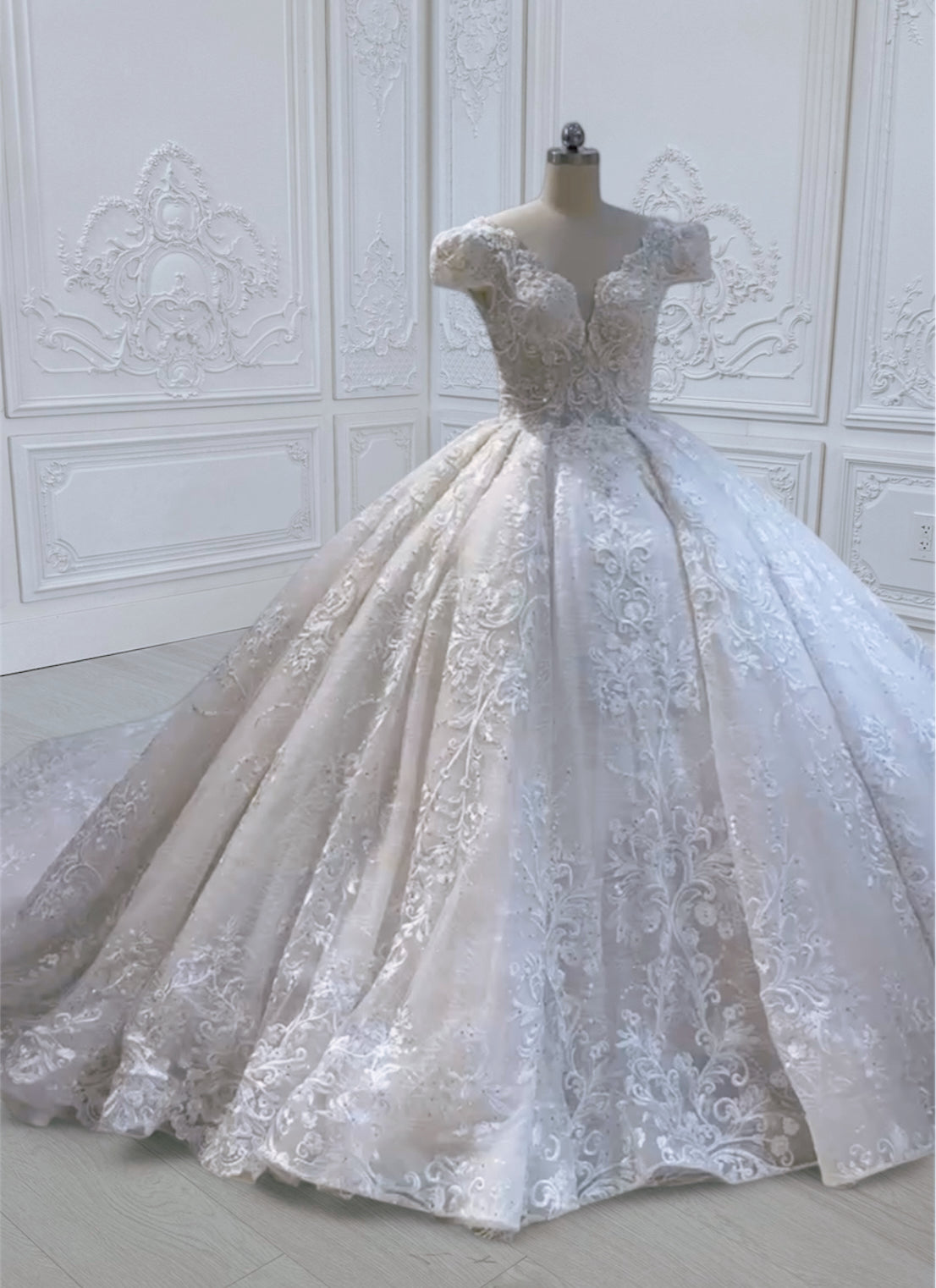 TBC-CM011 Made to order Ivory 3D lace with crystal beaded cape sleeve princess ballgown royal wedding dress - Ting's Bridal Collection