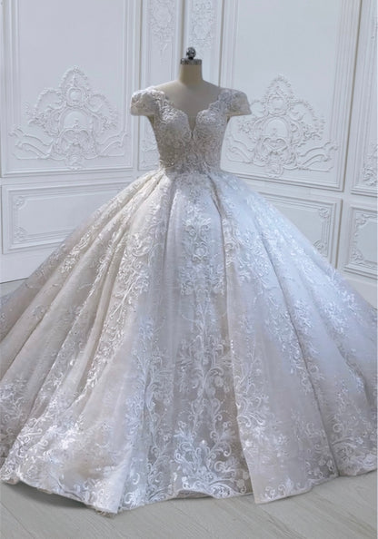 TBC-CM011 Made to order Ivory 3D lace with crystal beaded cape sleeve princess ballgown royal wedding dress - Ting's Bridal Collection