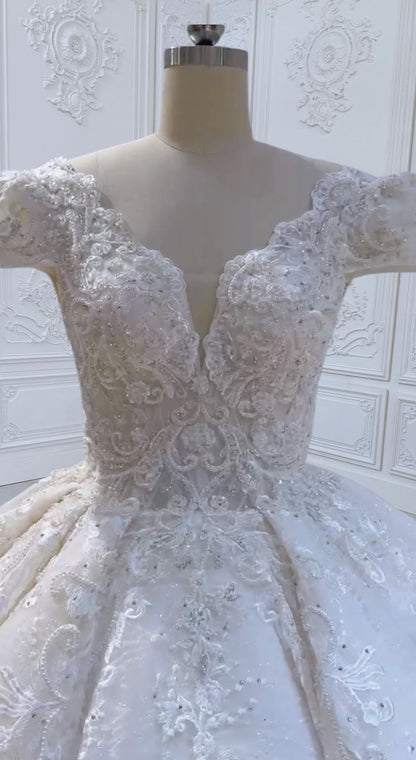 TBC-CM011 Made to order Ivory 3D lace with crystal beaded cape sleeve princess ballgown royal wedding dress - Ting's Bridal Collection
