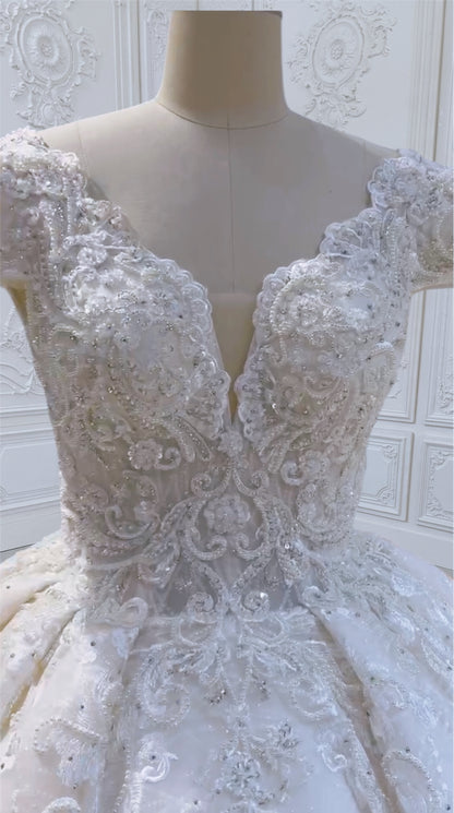 TBC-CM011 Made to order Ivory 3D lace with crystal beaded cape sleeve princess ballgown royal wedding dress - Ting's Bridal Collection