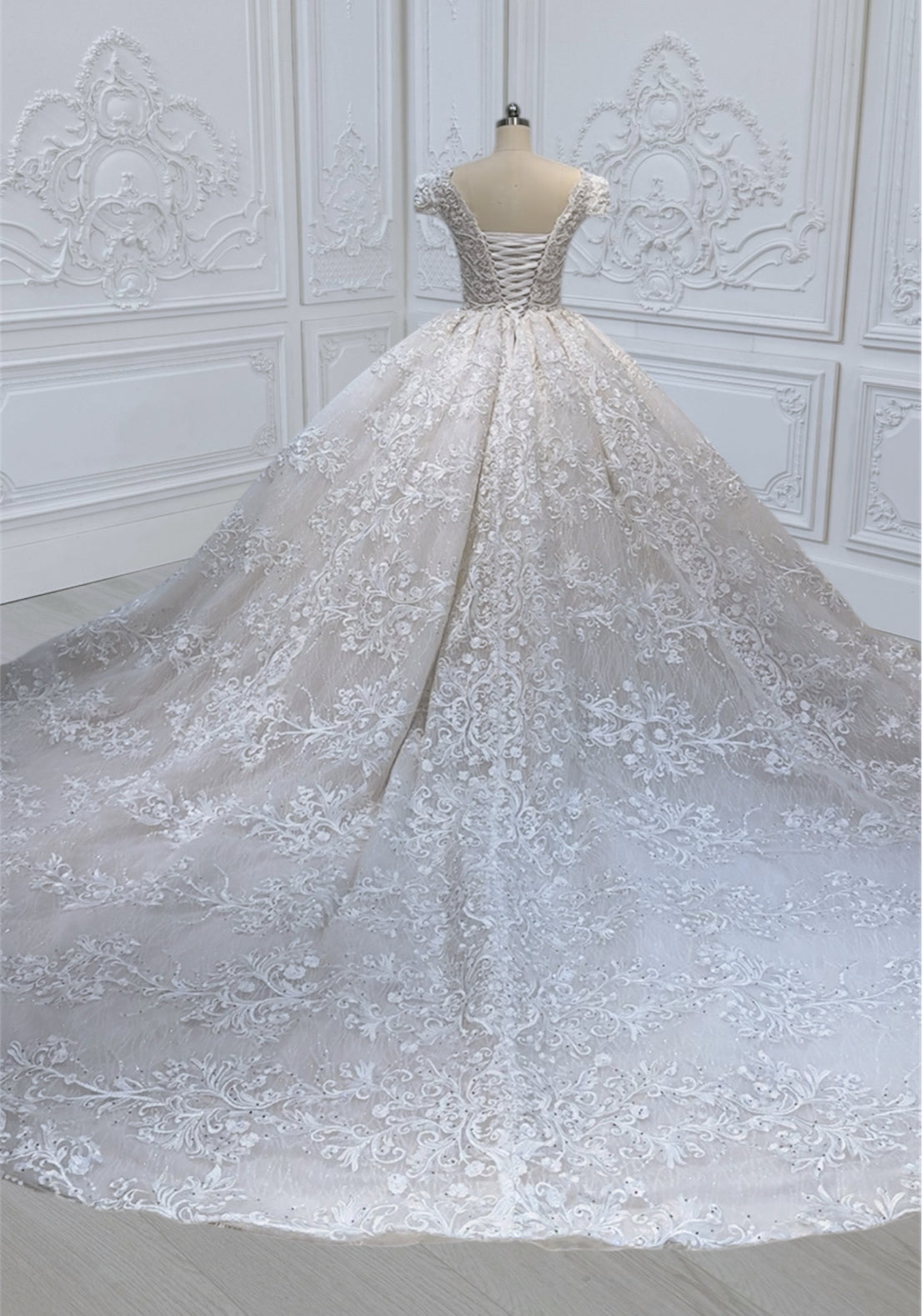 TBC-CM011 Made to order Ivory 3D lace with crystal beaded cape sleeve princess ballgown royal wedding dress - Ting's Bridal Collection