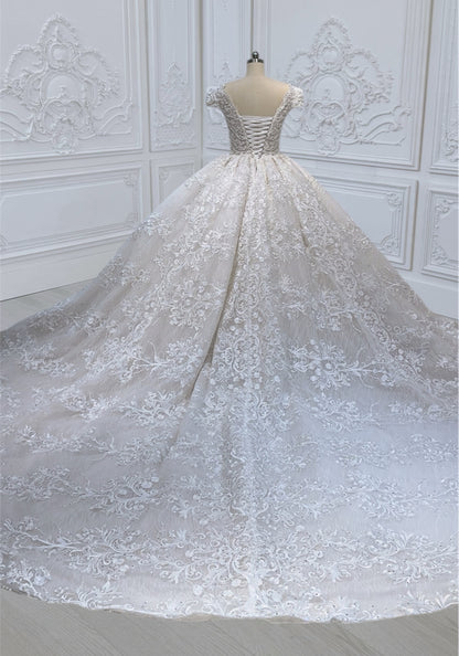 TBC-CM011 Made to order Ivory 3D lace with crystal beaded cape sleeve princess ballgown royal wedding dress - Ting's Bridal Collection