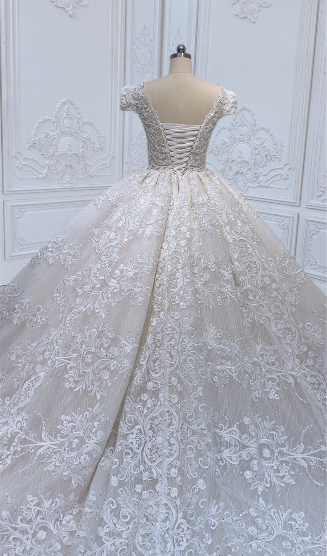 TBC-CM011 Made to order Ivory 3D lace with crystal beaded cape sleeve princess ballgown royal wedding dress - Ting's Bridal Collection