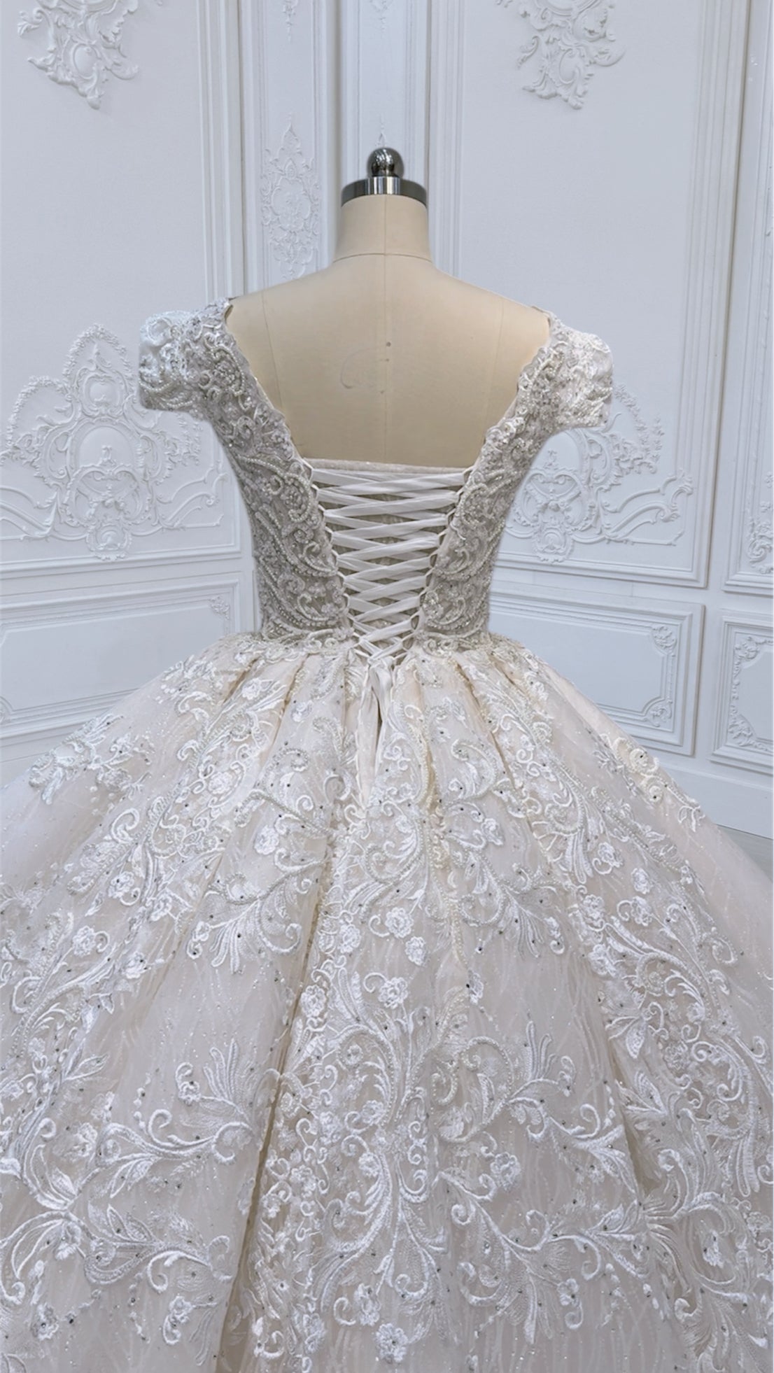 TBC-CM011 Made to order Ivory 3D lace with crystal beaded cape sleeve princess ballgown royal wedding dress - Ting's Bridal Collection