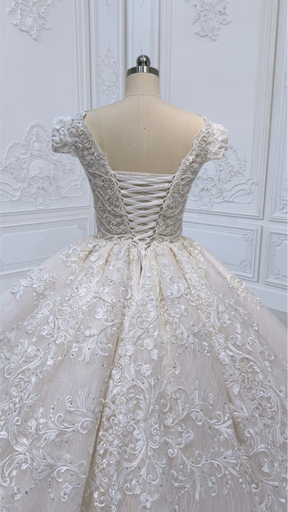 TBC-CM011 Made to order Ivory 3D lace with crystal beaded cape sleeve princess ballgown royal wedding dress - Ting's Bridal Collection
