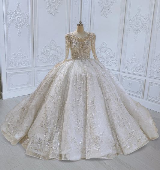 TBC-CM012 Made to order luxury beading lace embroidered sparkling long sleeve princess ballgown royal wedding dress - Ting's Bridal Collection