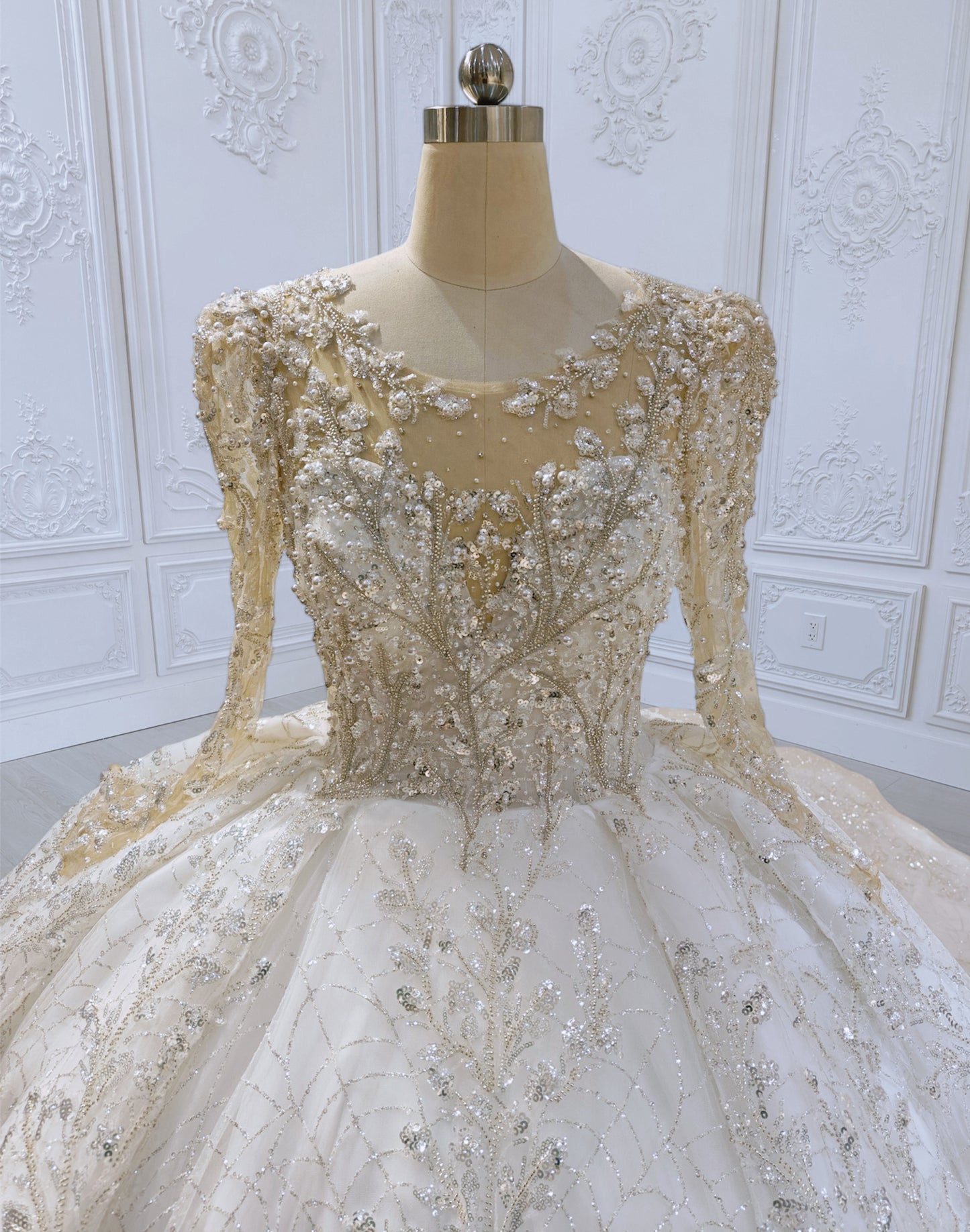 TBC-CM012 Made to order luxury beading lace embroidered sparkling long sleeve princess ballgown royal wedding dress - Ting's Bridal Collection