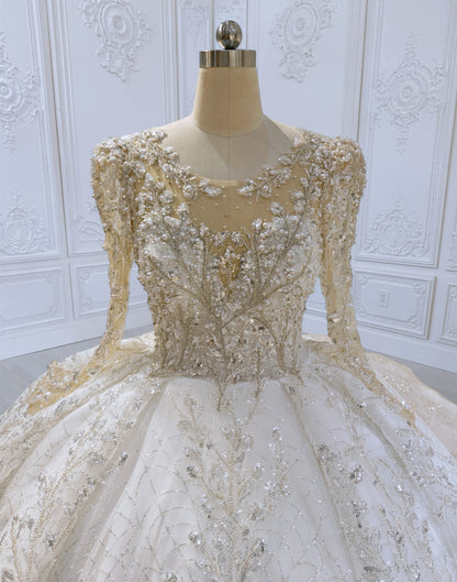 TBC-CM012 Made to order luxury beading lace embroidered sparkling long sleeve princess ballgown royal wedding dress - Ting's Bridal Collection