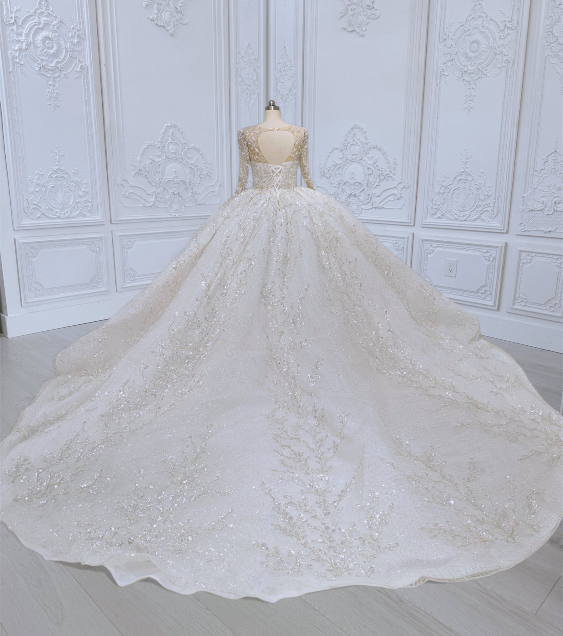 TBC-CM012 Made to order luxury beading lace embroidered sparkling long sleeve princess ballgown royal wedding dress - Ting's Bridal Collection