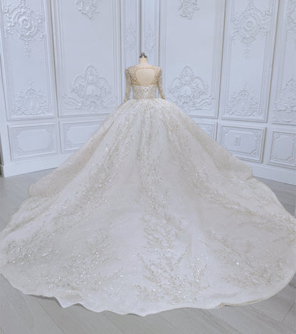 TBC-CM012 Made to order luxury beading lace embroidered sparkling long sleeve princess ballgown royal wedding dress - Ting's Bridal Collection