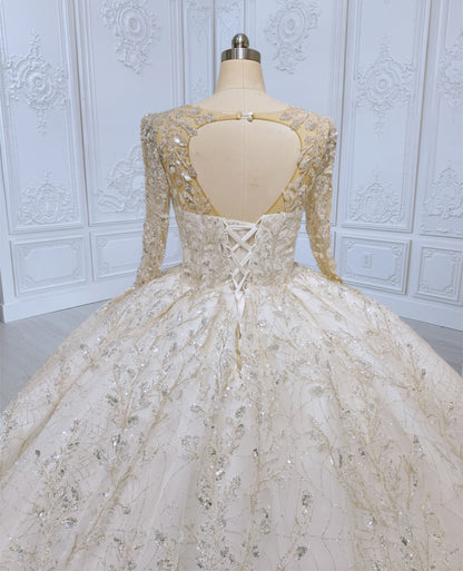 TBC-CM012 Made to order luxury beading lace embroidered sparkling long sleeve princess ballgown royal wedding dress - Ting's Bridal Collection