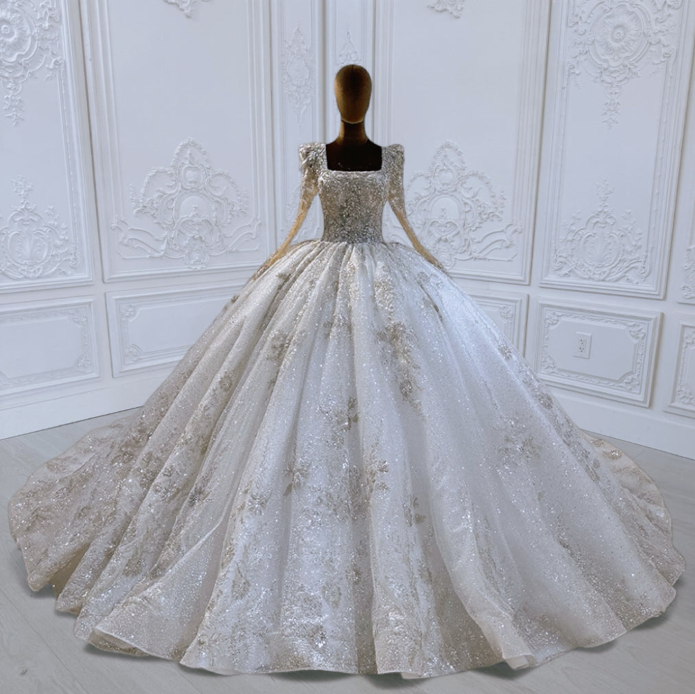 Custom-made luxury pearl beading lace sparkling one shoulder 2in1 mermaid wedding dress with detachable skirt - Ting's Bridal Collection