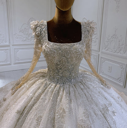 Custom-made luxury pearl beading lace sparkling one shoulder 2in1 mermaid wedding dress with detachable skirt - Ting's Bridal Collection