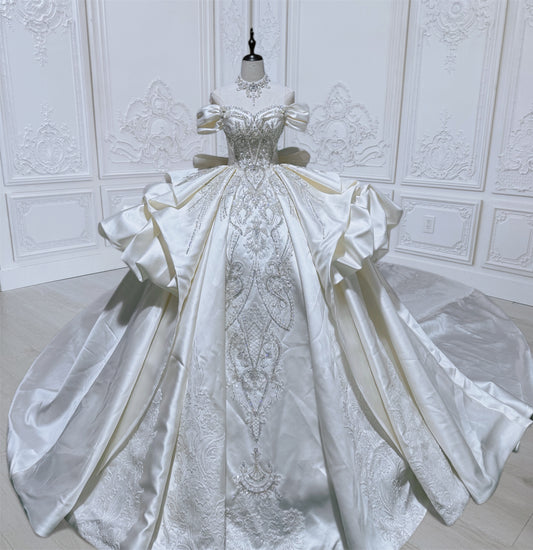Custom-made Ivory satin luxury beading off the shoulder princess ballgown royal wedding dress - Ting's Bridal Collection