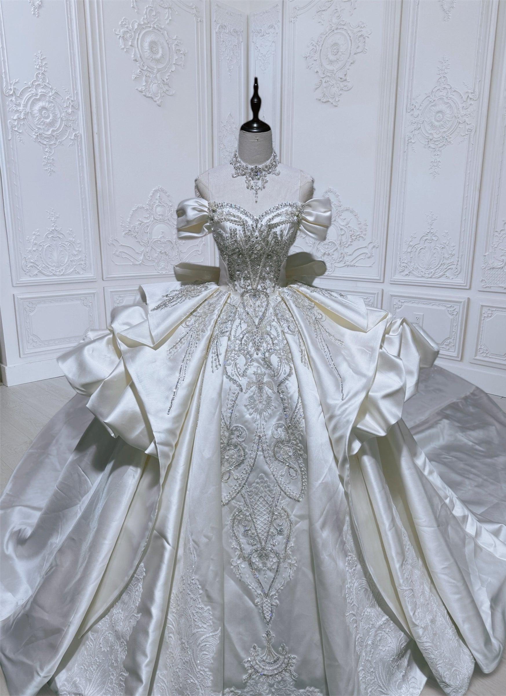 Custom-made Ivory satin luxury beading off the shoulder princess ballgown royal wedding dress - Ting's Bridal Collection