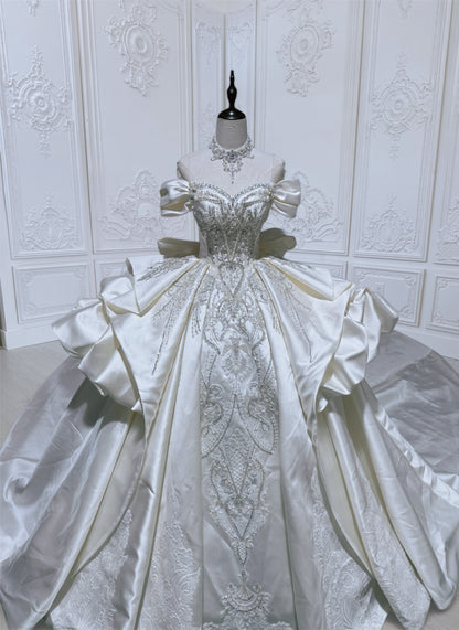 Custom-made Ivory satin luxury beading off the shoulder princess ballgown royal wedding dress - Ting's Bridal Collection
