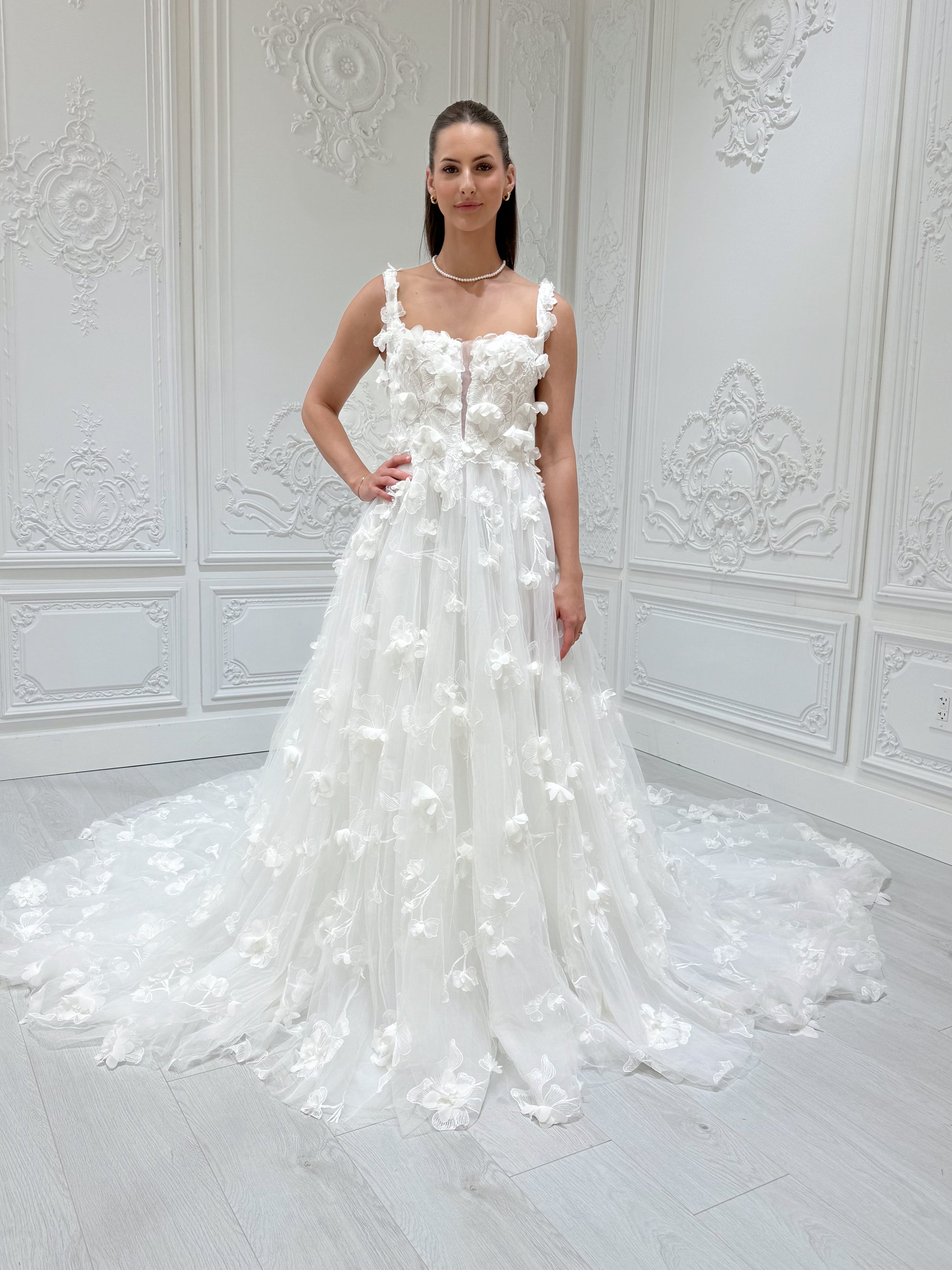 TBC-A005 White 3D floral square neck Aline wedding dress - Ting's Bridal Collection