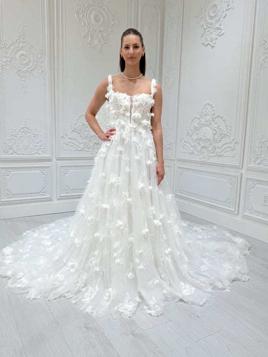 TBC-A005 White 3D floral square neck Aline wedding dress - Ting's Bridal Collection