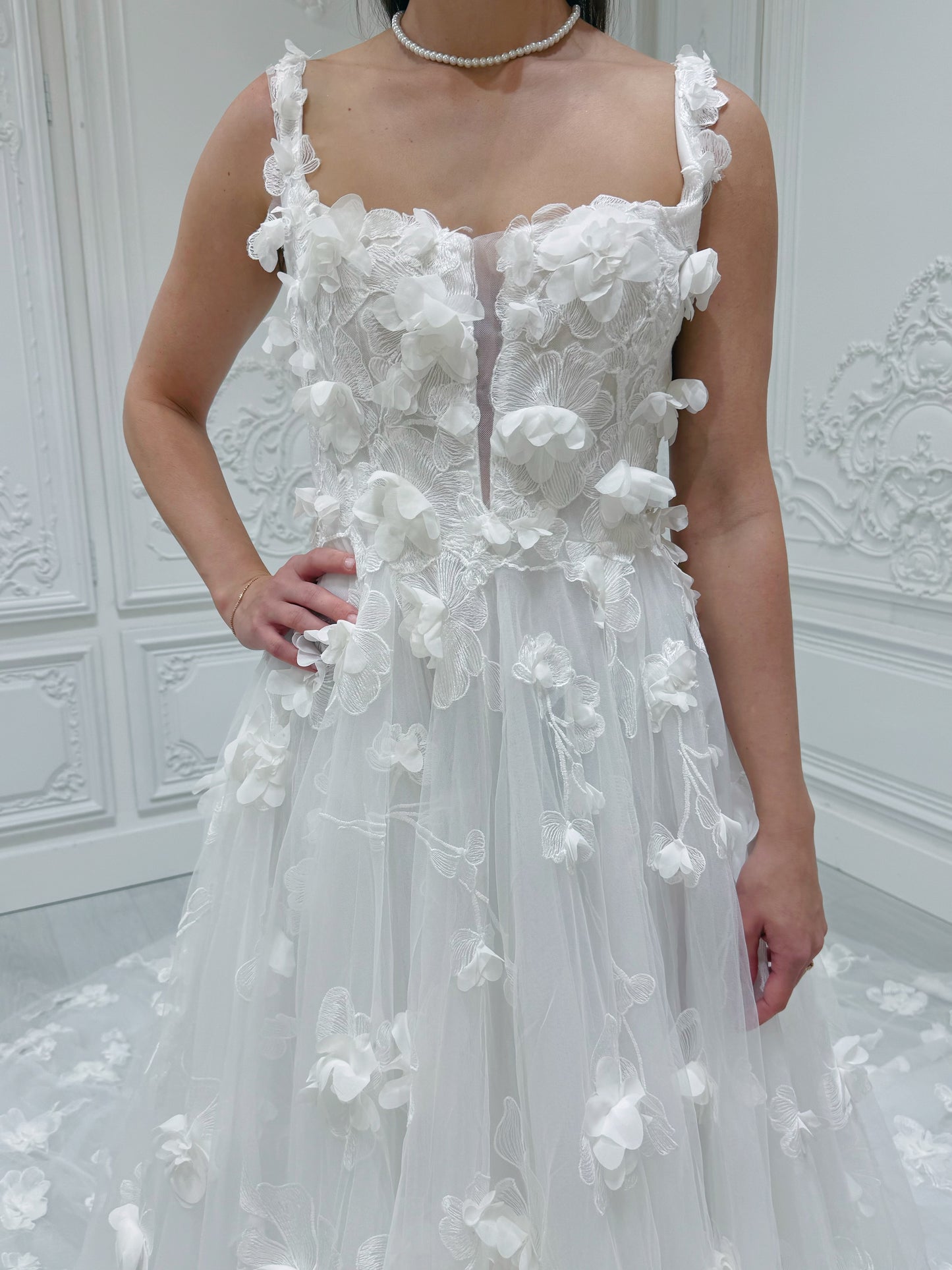 TBC-A005 White 3D floral square neck Aline wedding dress - Ting's Bridal Collection