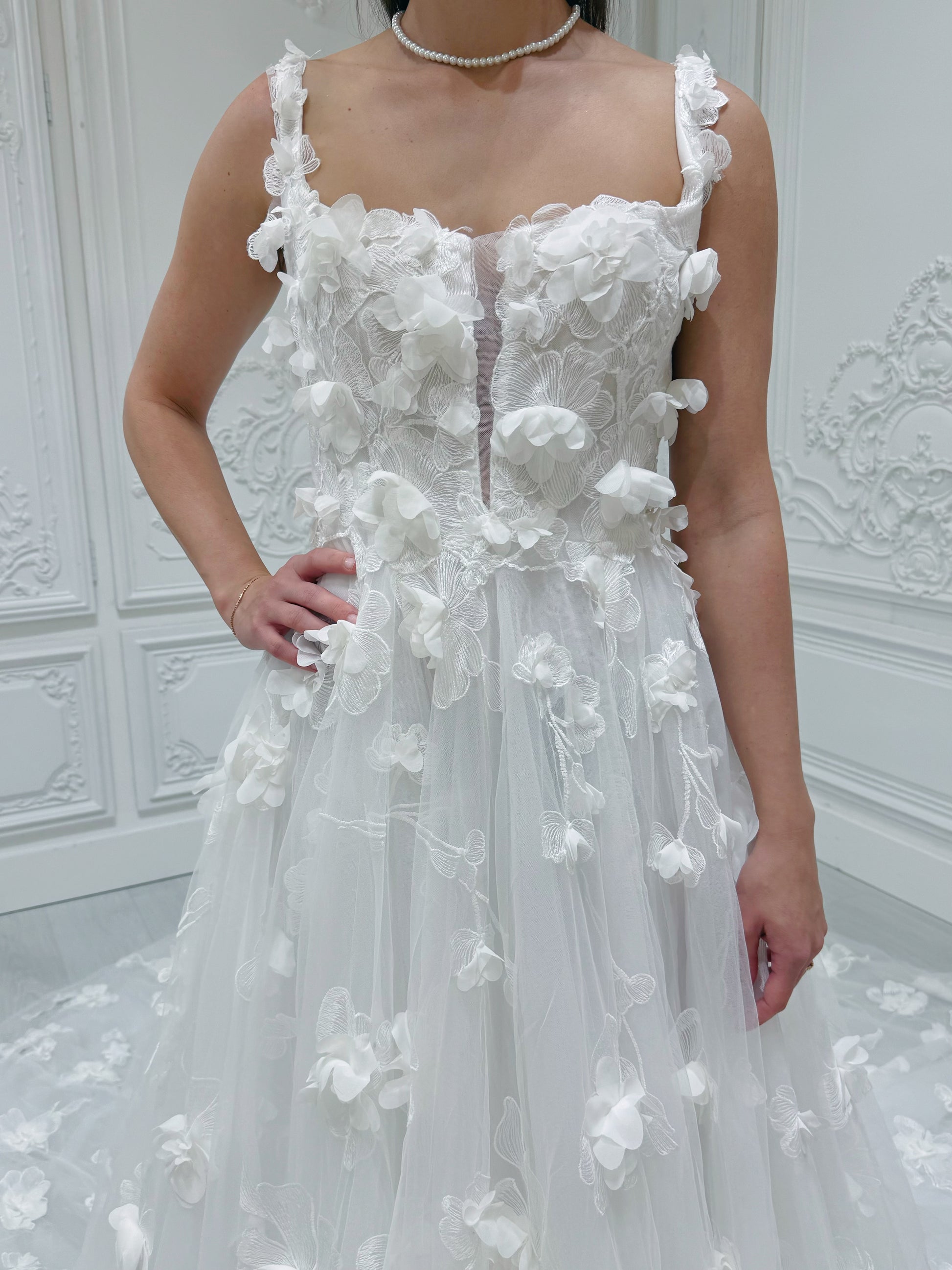 TBC-A005 White 3D floral square neck Aline wedding dress - Ting's Bridal Collection