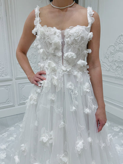 TBC-A005 White 3D floral square neck Aline wedding dress - Ting's Bridal Collection