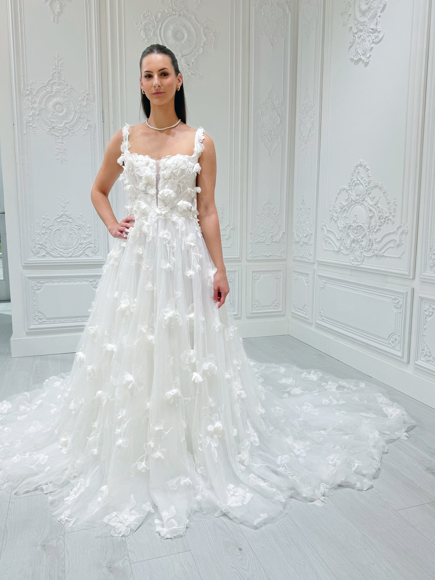 TBC-A005 White 3D floral square neck Aline wedding dress - Ting's Bridal Collection