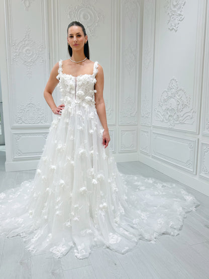 TBC-A005 White 3D floral square neck Aline wedding dress - Ting's Bridal Collection