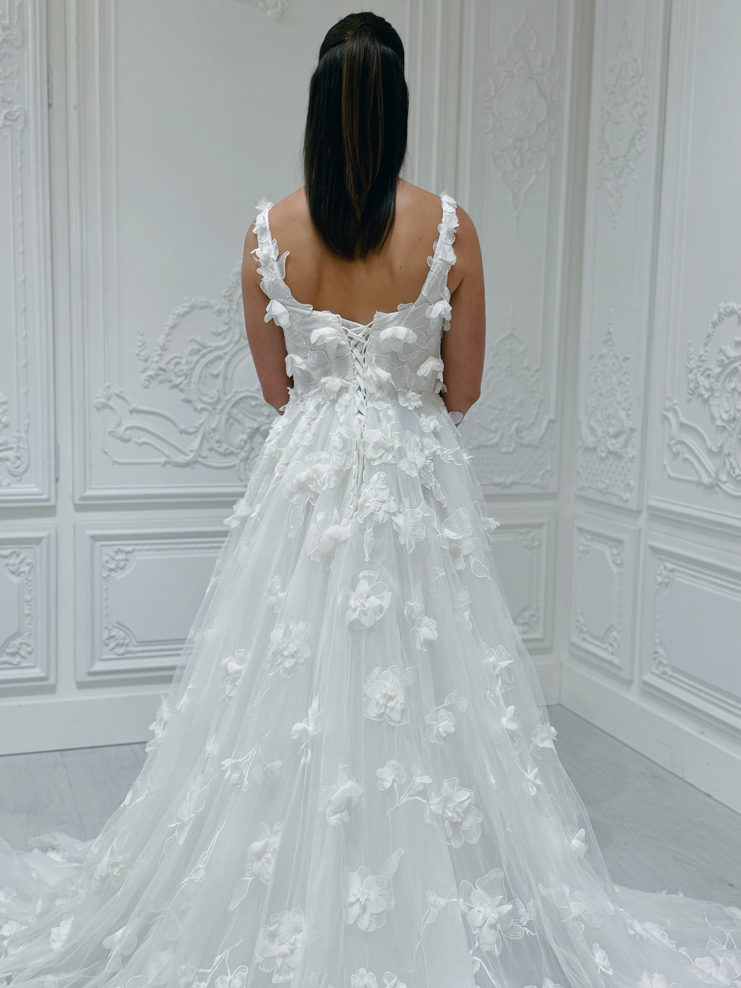 TBC-A005 White 3D floral square neck Aline wedding dress - Ting's Bridal Collection