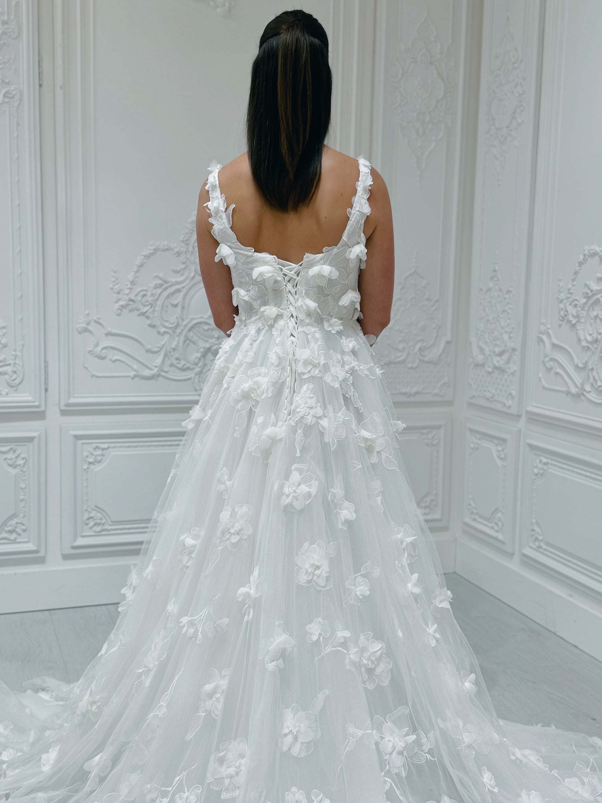 TBC-A005 White 3D floral square neck Aline wedding dress - Ting's Bridal Collection