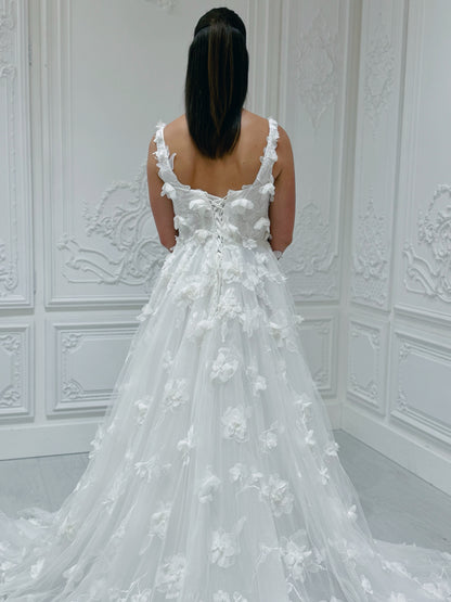 TBC-A005 White 3D floral square neck Aline wedding dress - Ting's Bridal Collection