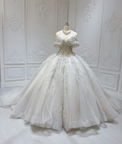 Stock Sale! Size 6! Luxury crystal beading sparkling off the shoulder princess ballgown royal wedding dress - Ting's Bridal Collection