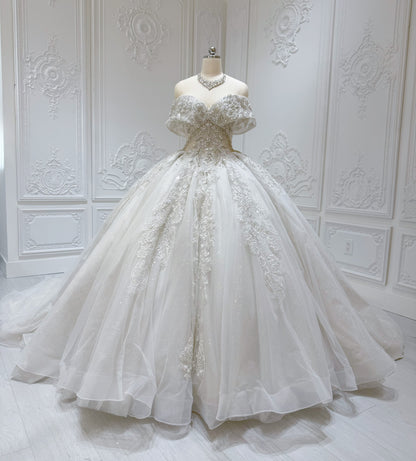 Stock Sale! Size 6! Luxury crystal beading sparkling off the shoulder princess ballgown royal wedding dress - Ting's Bridal Collection
