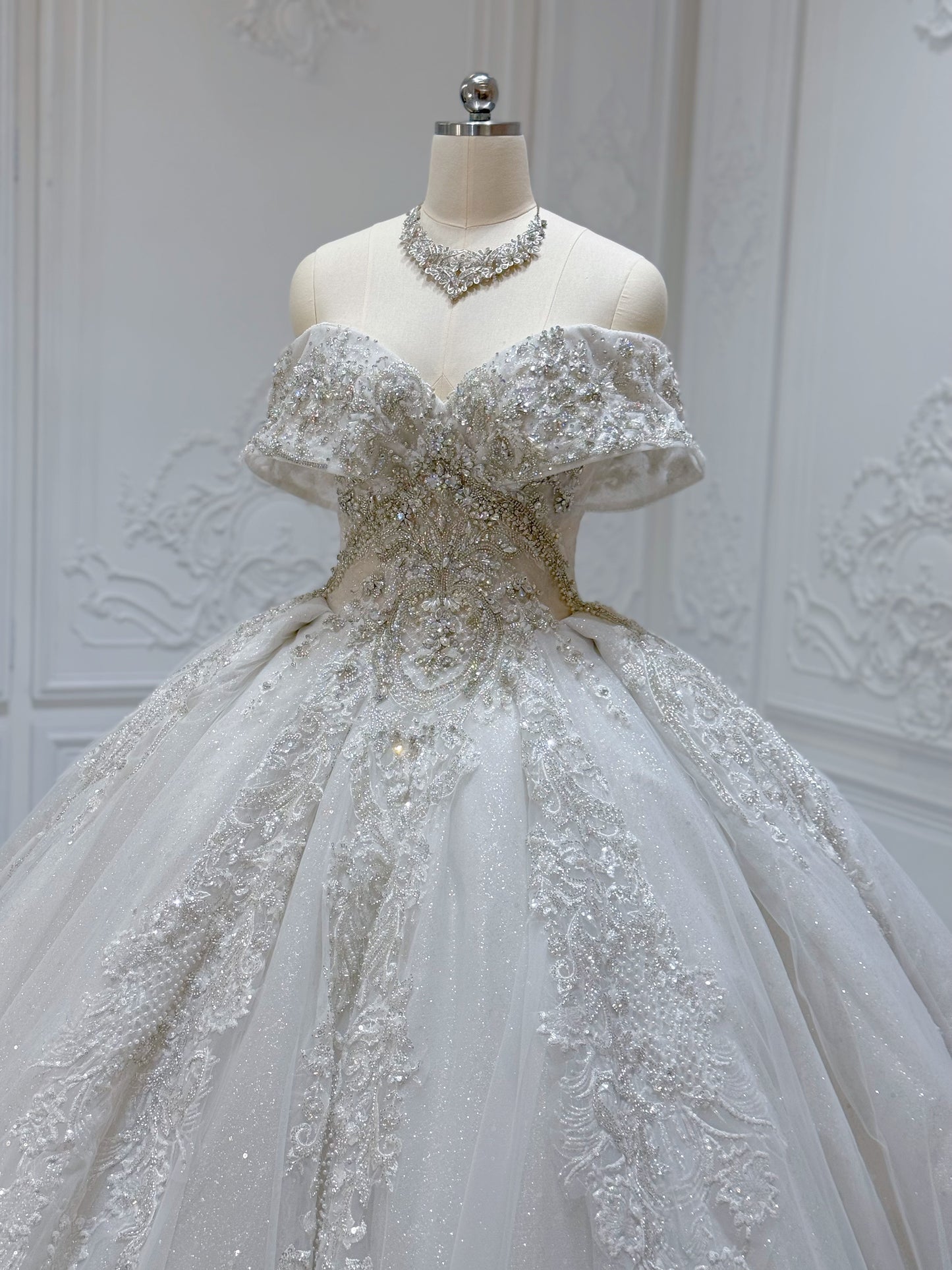 Stock Sale! Size 6! Luxury crystal beading sparkling off the shoulder princess ballgown royal wedding dress - Ting's Bridal Collection