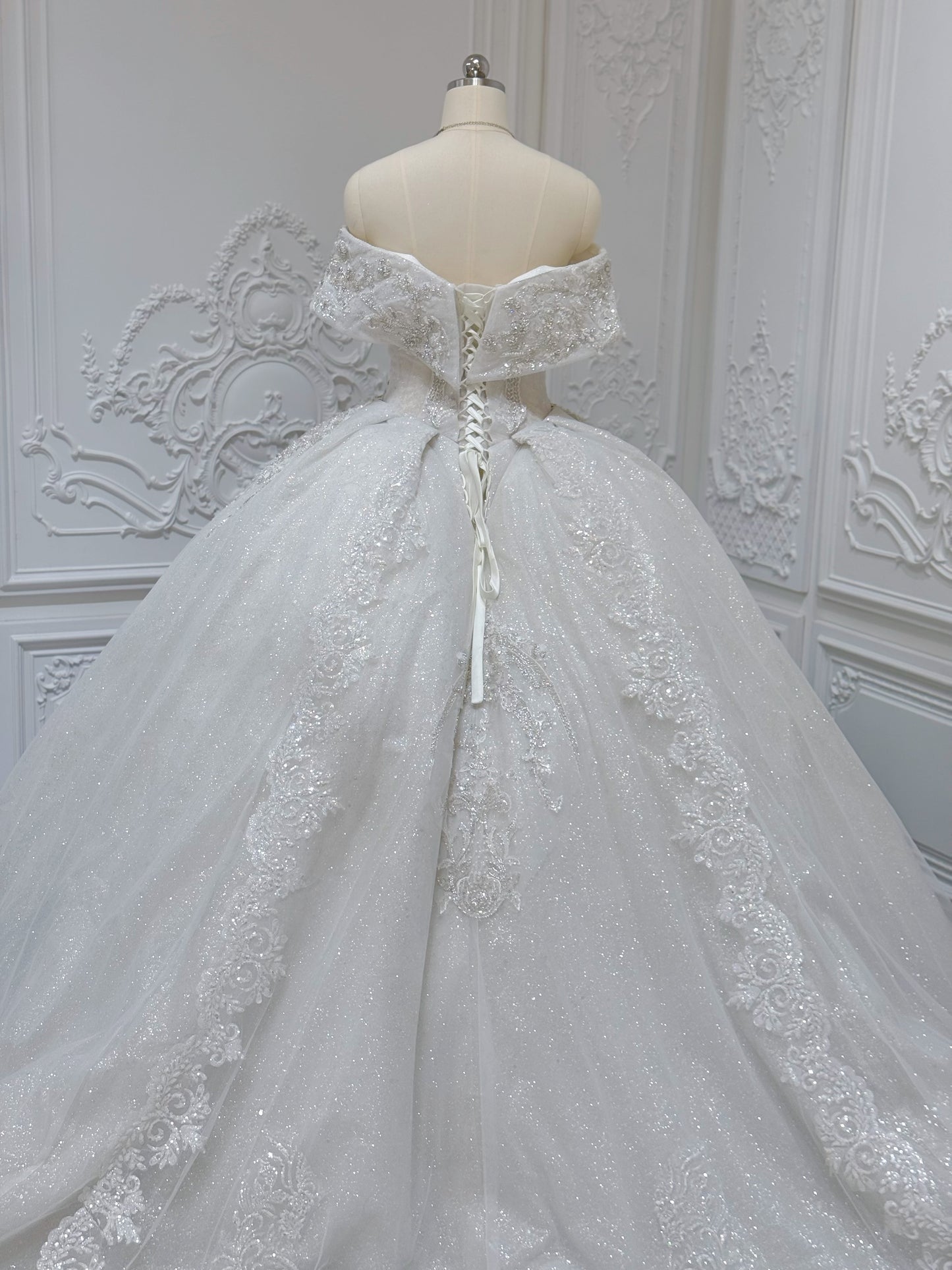 Stock Sale! Size 6! Luxury crystal beading sparkling off the shoulder princess ballgown royal wedding dress - Ting's Bridal Collection