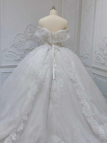 Stock Sale! Size 6! Luxury crystal beading sparkling off the shoulder princess ballgown royal wedding dress - Ting's Bridal Collection