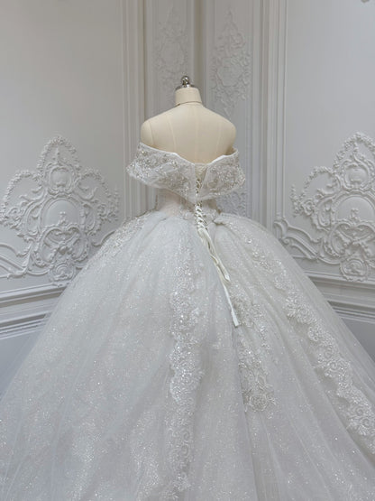 Stock Sale! Size 6! Luxury crystal beading sparkling off the shoulder princess ballgown royal wedding dress - Ting's Bridal Collection