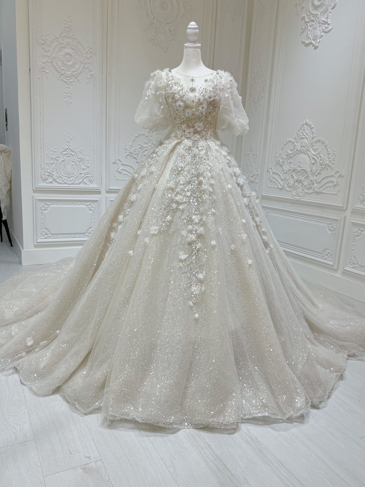 Stock Clearance! Floor sample Bridal Size 2! Custom-made sparkling beading with 3D floral puffy short sleeve ivory Aline fairy wedding dress - Ting's Bridal Collection