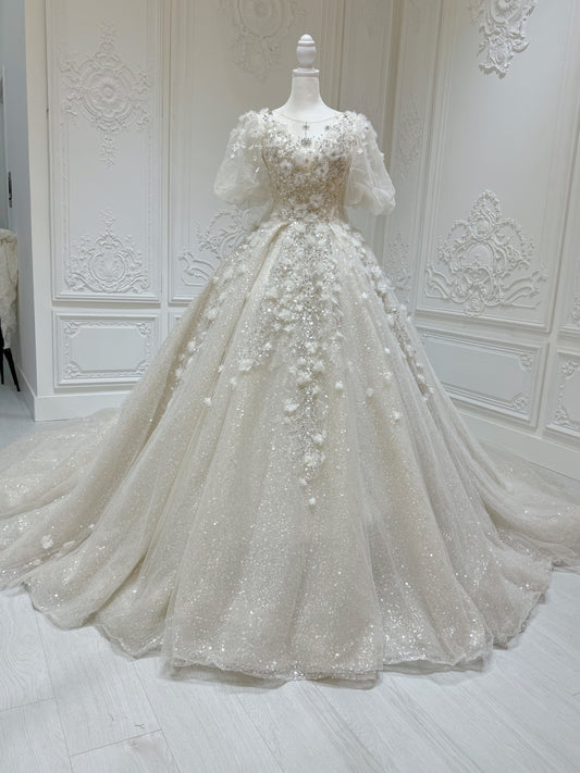 Stock Clearance! Floor sample Bridal Size 2! Custom-made sparkling beading with 3D floral puffy short sleeve ivory Aline fairy wedding dress - Ting's Bridal Collection