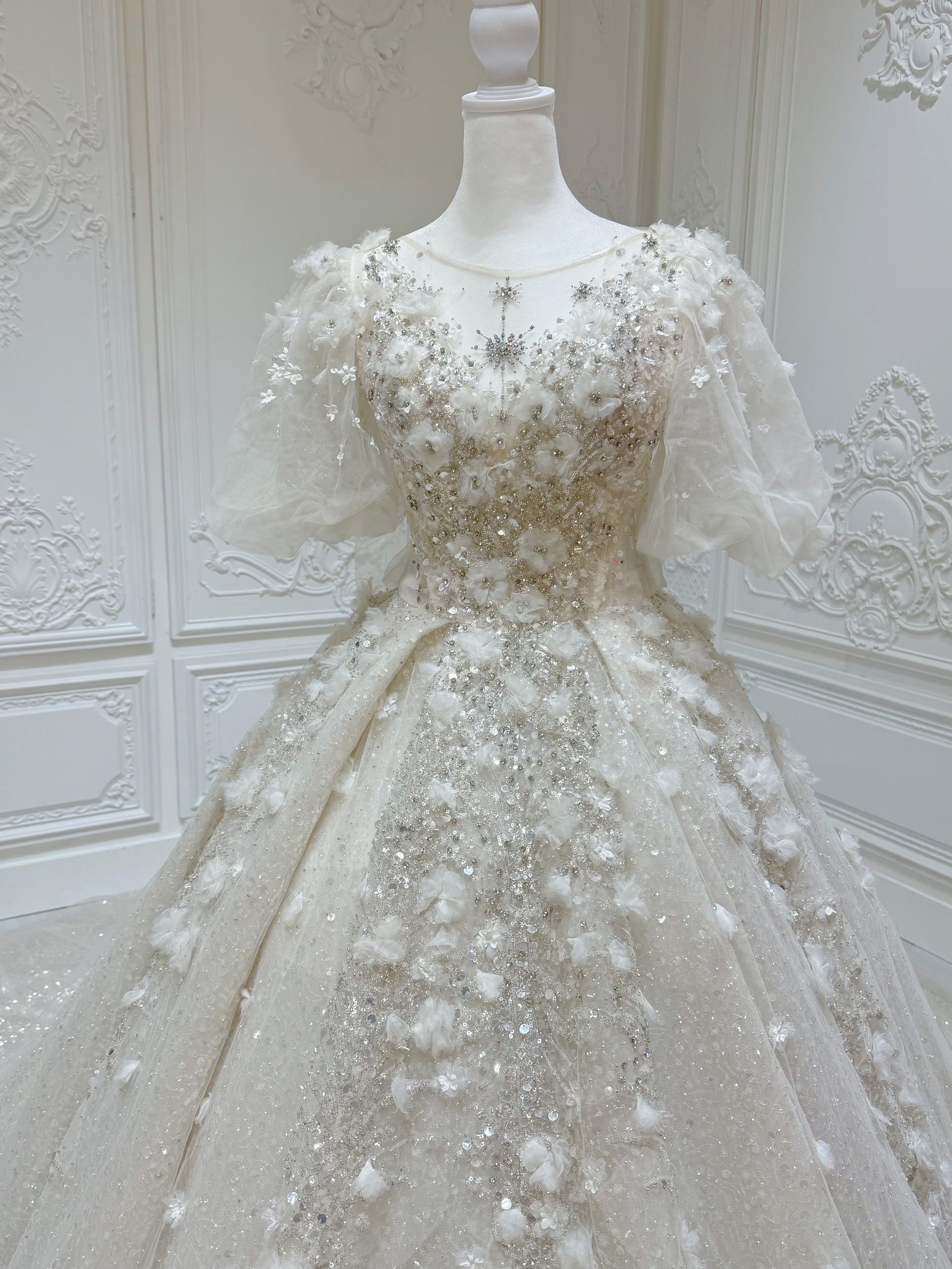 Stock Clearance! Floor sample Bridal Size 2! Custom-made sparkling beading with 3D floral puffy short sleeve ivory Aline fairy wedding dress - Ting's Bridal Collection