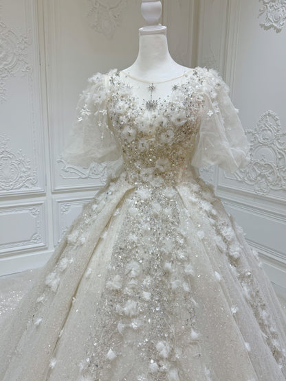 Stock Clearance! Floor sample Bridal Size 2! Custom-made sparkling beading with 3D floral puffy short sleeve ivory Aline fairy wedding dress - Ting's Bridal Collection